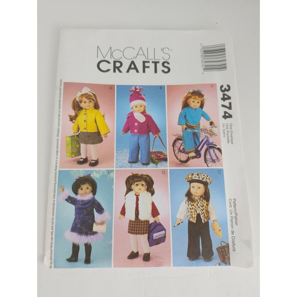 MCall's Crafts Pattern 3474 UNCUT 18" Doll Clothes Sewing American Doll